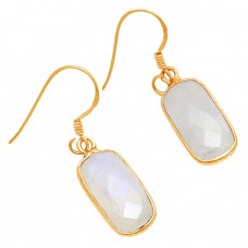 Rectangle Shape Rainbow Moonstone 925 Sterling Silver Bezel Setting Earring