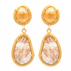 Citrine Golden Rutile Quartz Gemstone 925 Sterling Silver Gold Plated Earrings