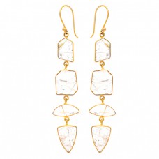 Golden Rutile Quartz Gemstone 925 Sterling Silver Gold Plated Dangle Earrings