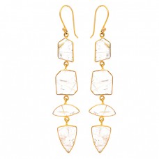 Golden Rutile Quartz Gemstone 925 Sterling Silver Gold Plated Dangle Earrings