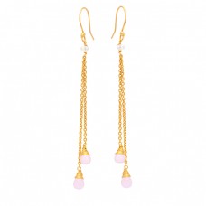 Pear Drops Shape Rose Chalcedony Gemstone 925 Silver Gold Plated Earrings