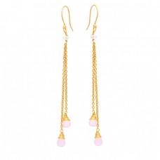 Pear Drops Shape Rose Chalcedony Gemstone 925 Silver Gold Plated Earrings