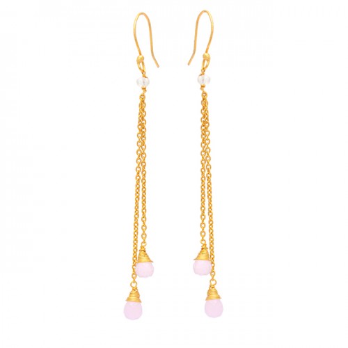 Pear Drops Shape Rose Chalcedony Gemstone 925 Silver Gold Plated Earrings