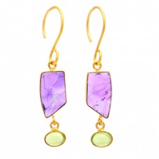 Amethyst Peridot Gemstone 925 Sterling Silver Gold Plated Dangle Earrings