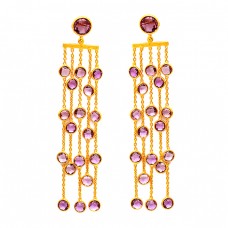 Dangle Hanging Chain Handmade Amethyst Gemstone 925 Sterling Silver Gold Plated Stud Earrings 