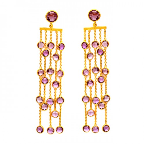 Dangle Hanging Chain Handmade Amethyst Gemstone 925 Sterling Silver Gold Plated Stud Earrings 
