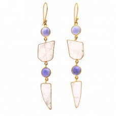 Iolite Rose Quartz Gemstone 925 Sterling Silver Gold Plated Dangle Earrings