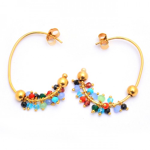 Roundel Beads Shape Multi Color Gemstone 925 Silver Gold Plated Hoop Earrings