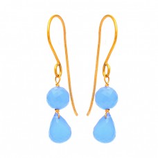 Blue Chalcedony Round Pear Drops Shape Gemstone Gold Plated Earrings
