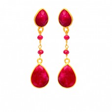 Designer Handmade Red Ruby Gemstone Dangle Earrings 925 Sterling Silver Gold Plated Jewelry