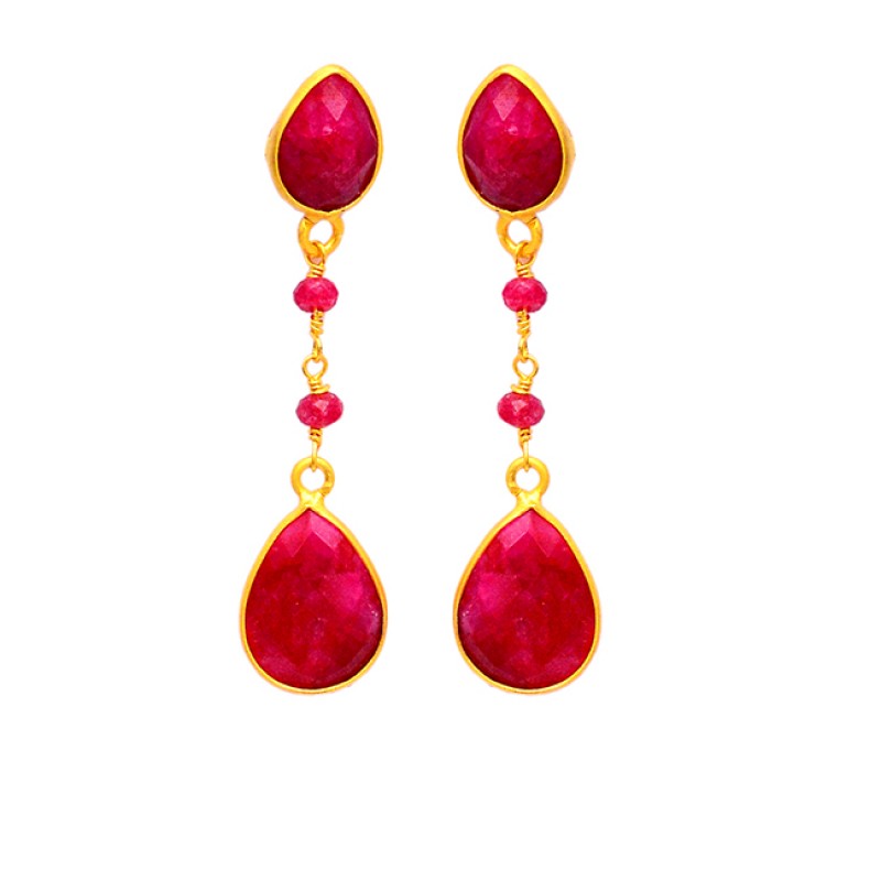 
									Designer Handmade Red Ruby Gemstone Dangle Earrings 925 Sterling Silver Gold Plated Jewelry