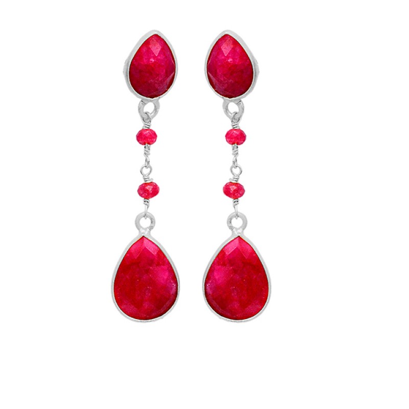 Designer Handmade Red Ruby Gemstone Dangle Earrings 925 Sterling Silver Gold Plated Jewelry