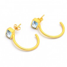 Blue Topaz Rectangle Shape Gemstone 925 Silver Gold Plated Hoop Earrings