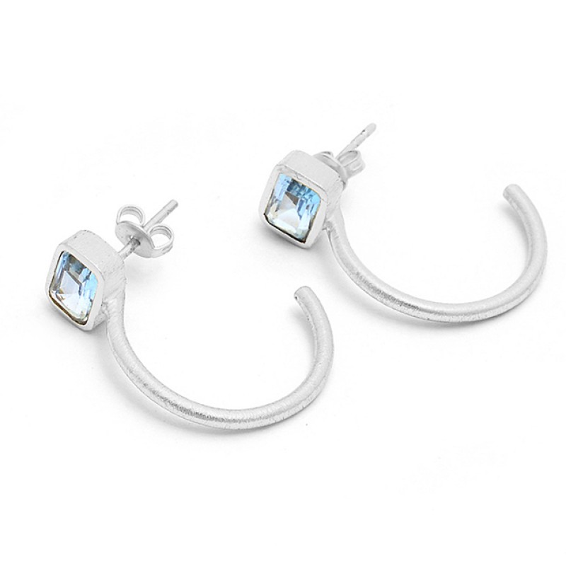Blue Topaz Rectangle Shape Gemstone 925 Silver Gold Plated Hoop Earrings