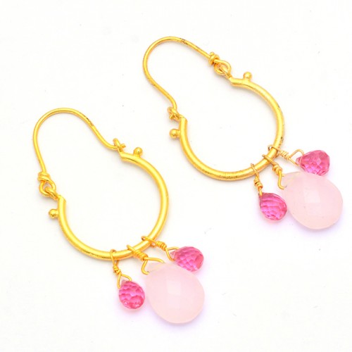 Rose Chalcedony Pink Quartz Gemstone 925 Silver Gold Plated Hoop Earrings