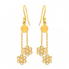 Crystal Round Shape Gemstone 925 Sterling Silver Gold Plated Dangle Earrings