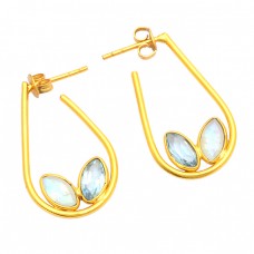 Rainbow Moonstone Blue Topaz Gemstone 925 Silver Gold Plated Earrings