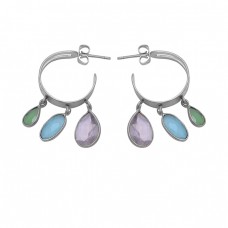 Oval Pear Shape Chalcedony Gemstone 925 Sterling Silver Gold Plated Earrings