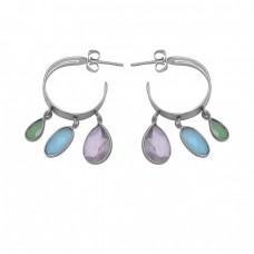 Oval Pear Shape Chalcedony Gemstone 925 Sterling Silver Gold Plated Earrings