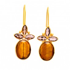 Tiger Eye Smoky Quartz Gemstone 925 Sterling Silver Gold Plated Fixed Ear Wire Earrings