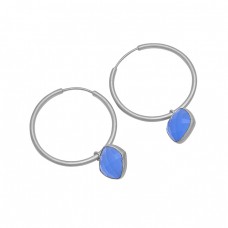 Blue Chalcedony Gemstone 925 Sterling Silver Gold Plated Hoop Earrings