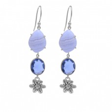 Blue Lace Agate Blue Quartz Gemstone 925 Sterling Silver Gold Plated Earrings