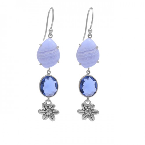 Blue Lace Agate Blue Quartz Gemstone 925 Sterling Silver Gold Plated Earrings