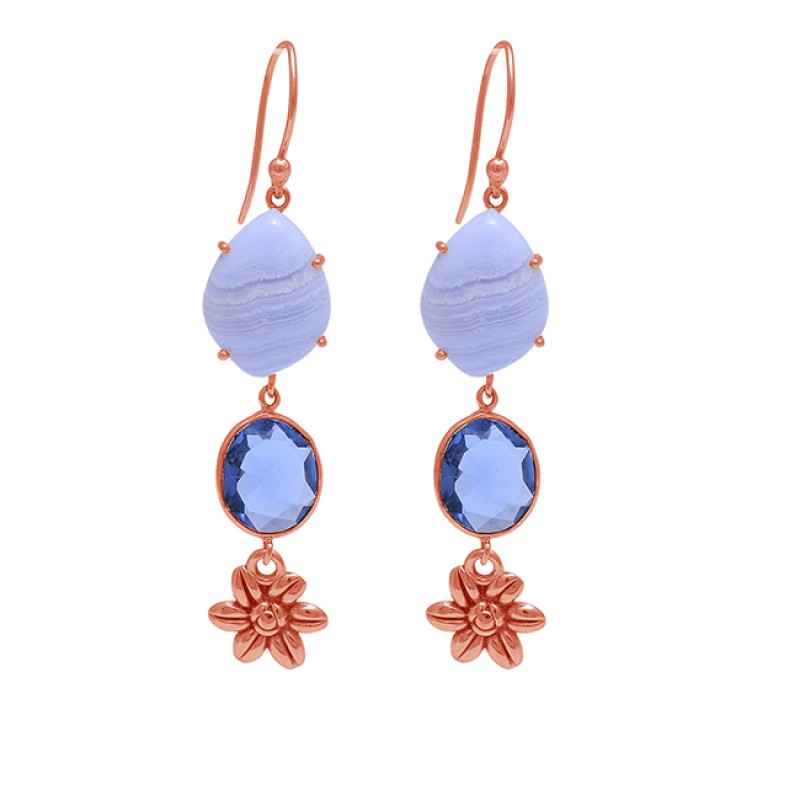 Blue Lace Agate Blue Quartz Gemstone 925 Sterling Silver Gold Plated Earrings