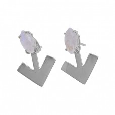 Marquise Shape Rainbow Moonstone 925 Silver Gold Plated Stud Earrings