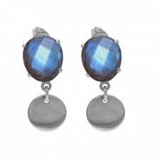 Oval Shape Labradorite Gemstone 925 Sterling Silver Gold Plated Stud Earrings