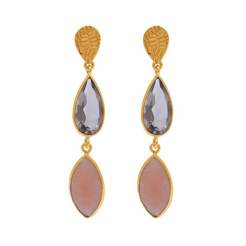 Peach Moonstone Smoky Quartz Gemstone 925 Silver Dangle Earrings