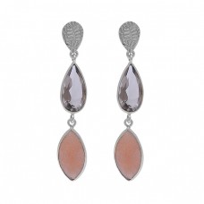 Peach Moonstone Smoky Quartz Gemstone 925 Silver Dangle Earrings