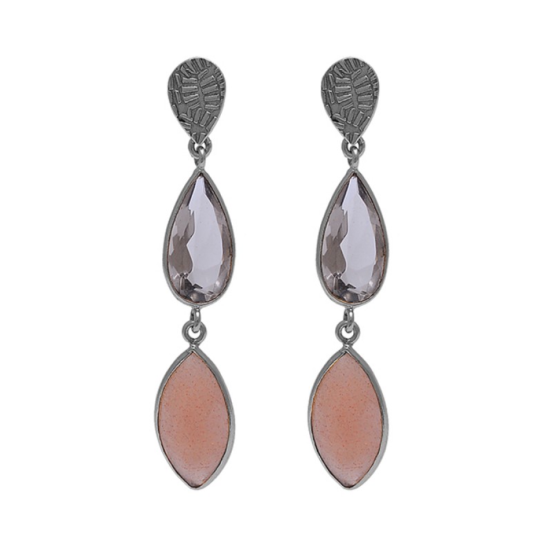 Peach Moonstone Smoky Quartz Gemstone 925 Silver Dangle Earrings