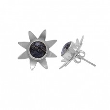 Round Shape Black Rutile Quartz 925 Silver Gold Plated Stud Earrings