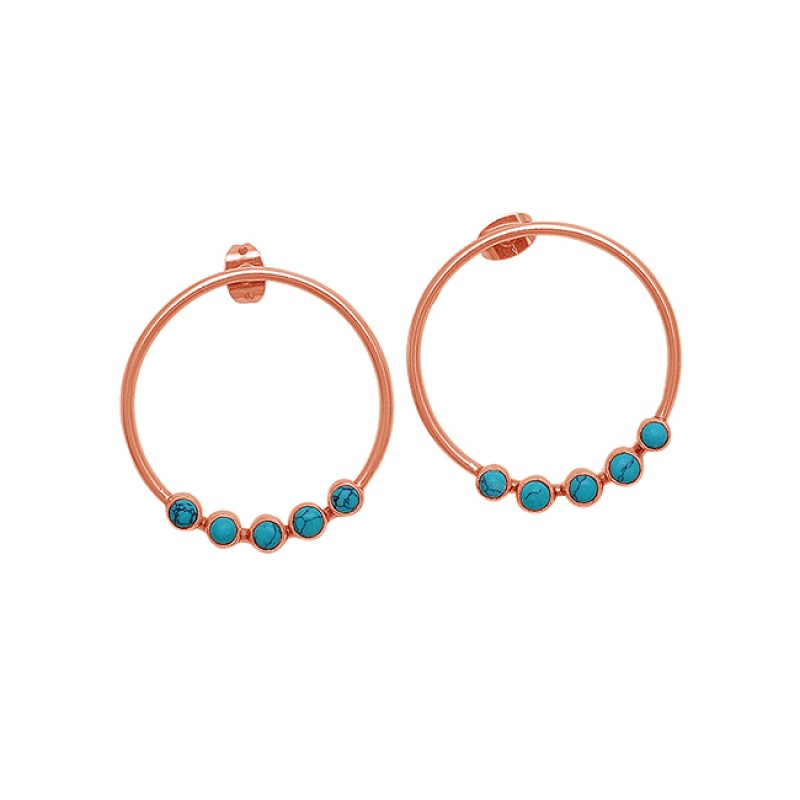 Round Shape Turquoise Gemstone 925 Sterling Silver Gold Plated Earrings