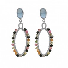 Multi Tourmaline Chalcedony Gemstone 925 Silver Gold Plated Earrings