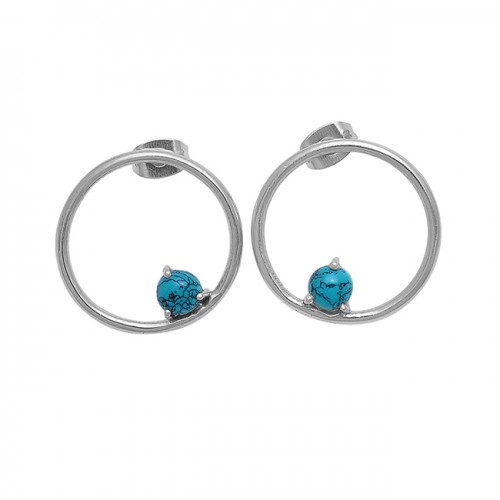 Round Shape Turquoise Gemstone 925 Sterling Silver Gold Plated Earrings