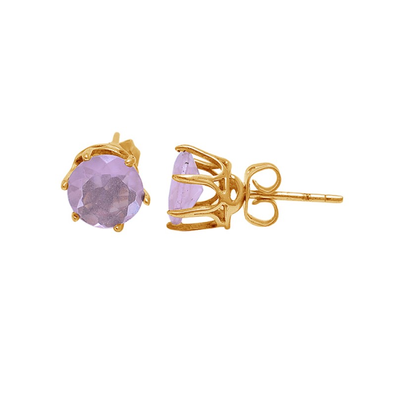 Round Shape Rose Chalcedony Gemstone 925 Sterling Silver Gold Stud Earrings
