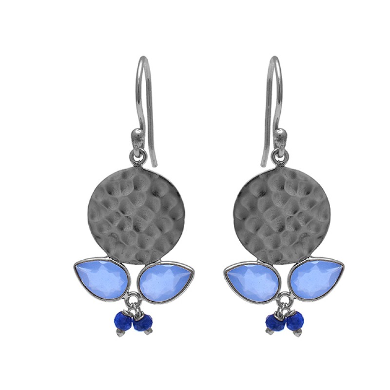 Sapphire Blue Chalcedony Gemstone 925 Sterling Silver Gold Plated Earrings