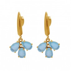 Pear Shape Aqua Chalcedony Gemstone 925 Sterling Silver Gold Plated Earrings