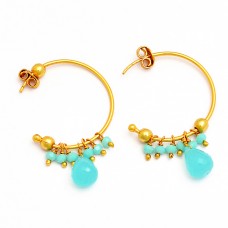 925 Sterling Silver Chalcedony Turquoise Gemstone Gold Plated Hoop Earrings  