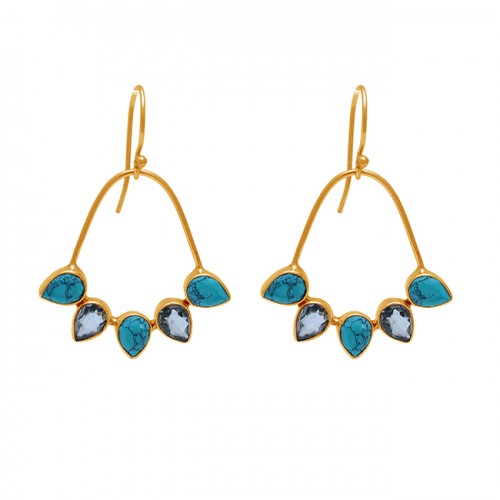 Green Amethyst Turquoise Gemstone 925 Sterling Silver Gold Plated Earrings
