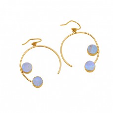 Round Shape Rainbow Moonstone 925 Sterling Silver Gold Plated Earrings