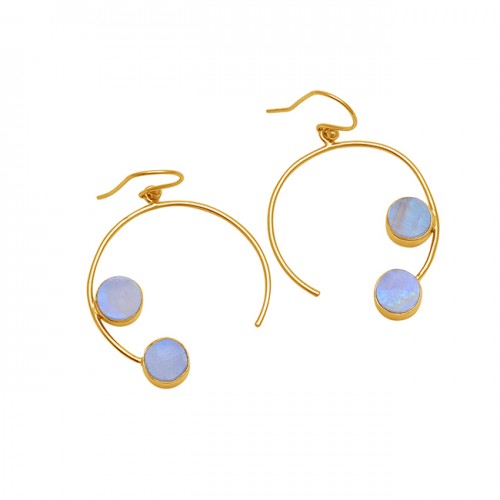 Round Shape Rainbow Moonstone 925 Sterling Silver Gold Plated Earrings