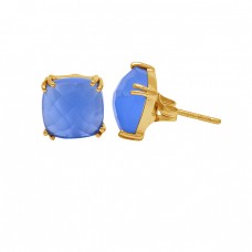 Square Shape Blue Chalcedony Gemstone 925 Sterling Silver Gold Plated Earrings