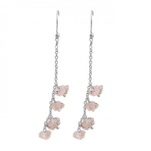 Uncut Uneven Shape Herkimer Diamond Gemstone Gold Plated Hanging Chain Dangle Earrings