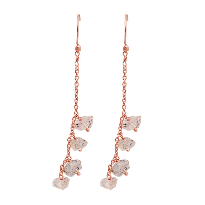 Uncut Uneven Shape Herkimer Diamond Gemstone Gold Plated Hanging Chain Dangle Earrings