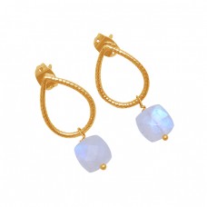 Square Shape Rainbow Moonstone 925 Sterling Silver Gold Plated Earrings