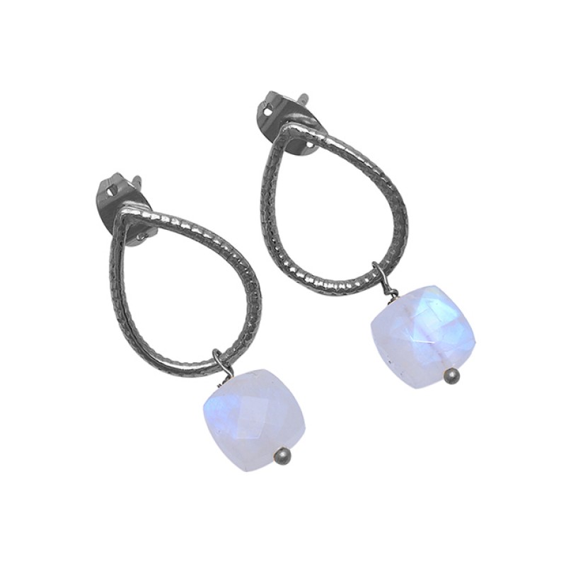 Square Shape Rainbow Moonstone 925 Sterling Silver Gold Plated Earrings
