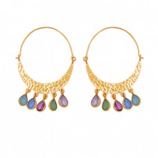 Pear Shape Multi Color Gemstone 925 Sterling Silver Gold Plated Earrings
